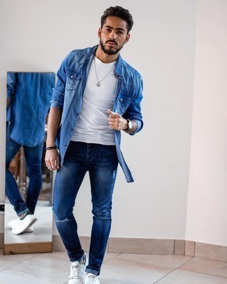 Men's Blue Denim Shirt, White Crew-neck T-shirt, Navy Ripped Jeans, White and Navy Canvas Low Top Sneakers