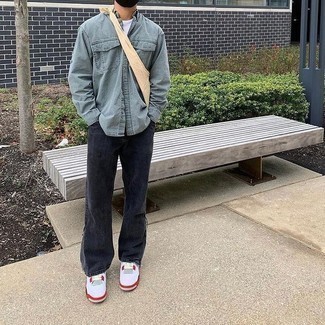 Grey Denim Shirt Outfits For Men: Rock a grey denim shirt with black jeans for a straightforward ensemble that's also pulled together nicely. Our favorite of a countless number of ways to complement this look is with white and red leather low top sneakers.