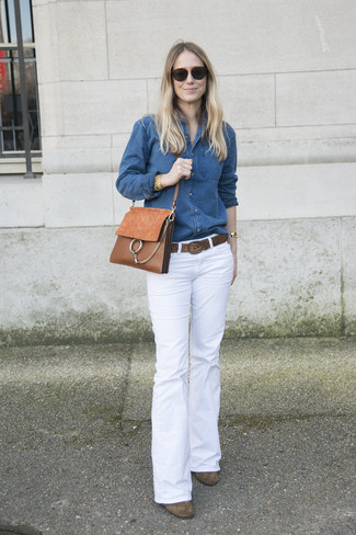 Women's Blue Denim Shirt, White Flare Jeans, Brown Suede Ankle Boots, Tobacco Suede Satchel Bag