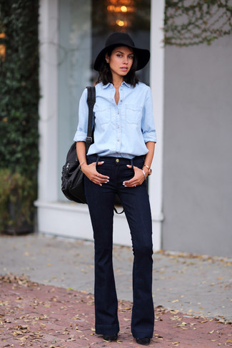Black Flare Jeans with Black Pumps Outfits (5 ideas & outfits)