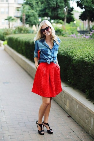 Women's Blue Denim Shirt, Red Full Skirt, Black Leather Heeled Sandals, Red Leather Clutch