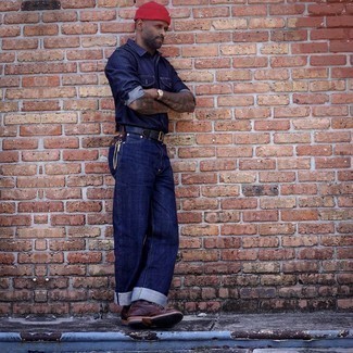 Red Beanie Outfits For Men: Consider teaming a navy denim shirt with a red beanie to assemble an interesting and street style ensemble. Here's how to polish off this getup: dark brown leather casual boots.