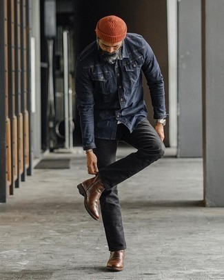 Navy Denim Shirt Outfits For Men: Uber dapper and comfortable, this casual combination of a navy denim shirt and black jeans brings wonderful styling opportunities. Dark brown leather chelsea boots will give an extra touch of style to an otherwise simple outfit.