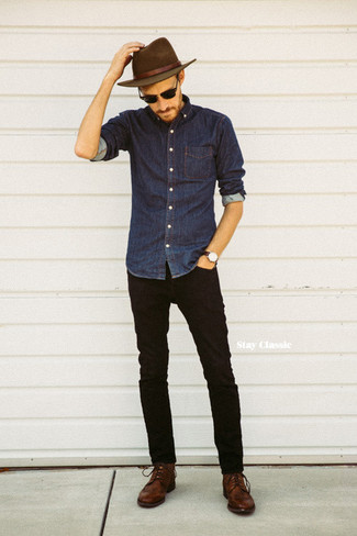 Black Jeans with Navy Denim Shirt Outfits For Men: A navy denim shirt and black jeans are a great getup to keep in your current casual fashion mix. Dial up the wow factor of your outfit by rocking brown leather derby shoes.