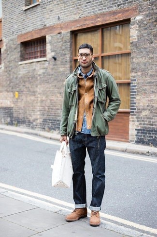 Olive Military Jacket with Blue Denim Shirt Fall Outfits For Men: 