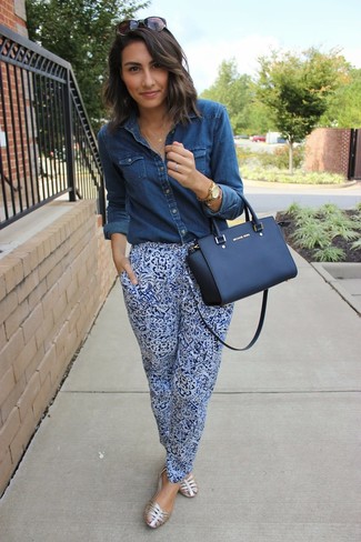 Women's Navy Denim Shirt, Blue Paisley Pajama Pants, Silver Leather Flat Sandals, Navy Leather Tote Bag