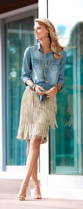 Light Blue Denim Shirt Outfits For Women: Consider teaming a light blue denim shirt with a beige fringe suede pencil skirt for a casual outfit with a contemporary spin. The whole getup comes together if you add a pair of beige leather heeled sandals to the equation.