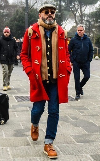 Burgundy Duffle Coat Outfits For Men: 