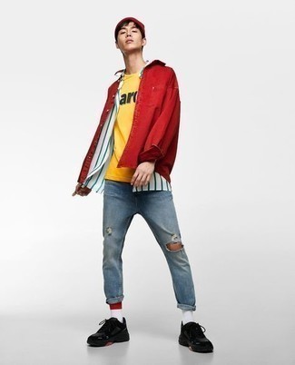 Red Beanie Outfits For Men: To pull together an off-duty ensemble with a fashionable spin, make a red denim shirt and a red beanie your outfit choice. We're loving how this whole look comes together thanks to a pair of black athletic shoes.