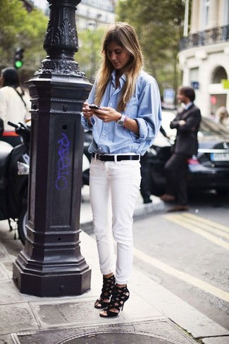 Women's Light Blue Denim Shirt, White Skinny Jeans, Black Leather Heeled Sandals, Black Leather Belt