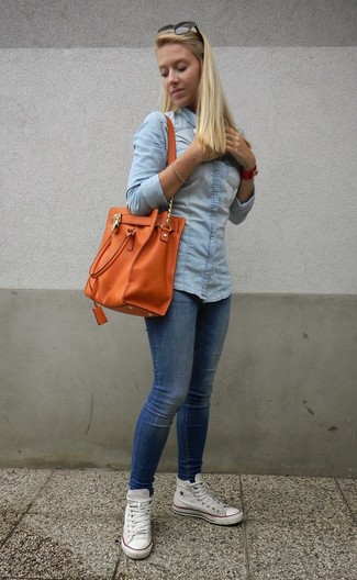 denim shirt outfit with sneakers