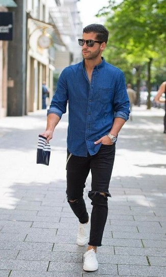 Black Jeans with Blue Denim Shirt Relaxed Outfits For Men: Why not go for a blue denim shirt and black jeans? These two pieces are totally practical and will look awesome combined together. Add white canvas low top sneakers to the mix et voila, the outfit is complete.