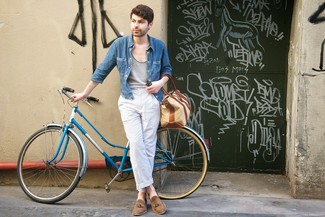 Men's Blue Denim Shirt, Grey Tank, White and Blue Vertical Striped Chinos, Brown Suede Tassel Loafers