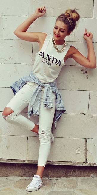 Women's Light Blue Denim Shirt, White and Black Print Tank, White Ripped Skinny Jeans, White Canvas Low Top Sneakers