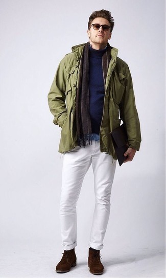 Olive Military Jacket with Denim Shirt Outfits For Men: 