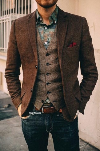 Dark Brown Herringbone Wool Blazer with Navy Jeans Smart Casual Outfits For Men: 