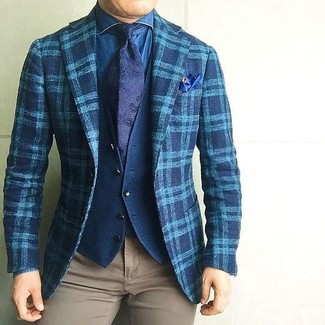 Men's Khaki Chinos, Blue Denim Shirt, Navy Cotton Waistcoat, Teal Plaid Wool Blazer