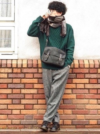 Men's Black Leather Messenger Bag, Dark Brown Leather Derby Shoes, Grey Wool Chinos, Dark Green Cable Sweater
