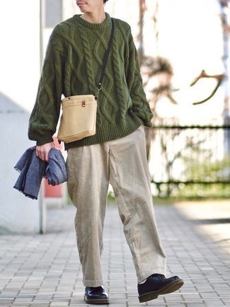 Men's Beige Canvas Messenger Bag, Navy Leather Derby Shoes, Beige Corduroy Chinos, Olive Cable Sweater