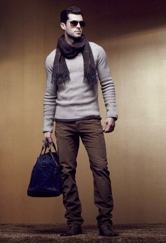 Men's Navy Leather Holdall, Burgundy Leather Derby Shoes, Olive Chinos, Grey Crew-neck Sweater