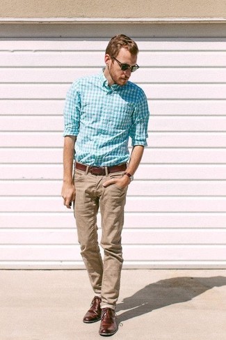 Aquamarine Gingham Long Sleeve Shirt Outfits For Men: 