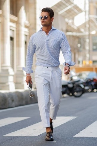Men's Charcoal Sunglasses, Dark Brown Leather Derby Shoes, White Chinos, Light Blue Horizontal Striped Long Sleeve Shirt