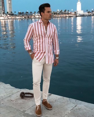 Men's Silver Watch, Brown Suede Derby Shoes, Beige Chinos, White and Pink Vertical Striped Long Sleeve Shirt