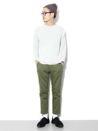 Men's Grey Beanie, Black Suede Derby Shoes, Olive Chinos, White Long Sleeve T-Shirt