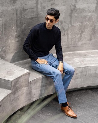 Men's Dark Brown Sunglasses, Tobacco Leather Derby Shoes, Light Blue Chinos, Navy Long Sleeve T-Shirt