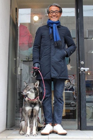 Men's Blue Scarf, White Suede Derby Shoes, Charcoal Chinos, Black Puffer Coat