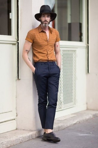 Men's Charcoal Wool Hat, Black Leather Derby Shoes, Navy Chinos, Orange Print Short Sleeve Shirt