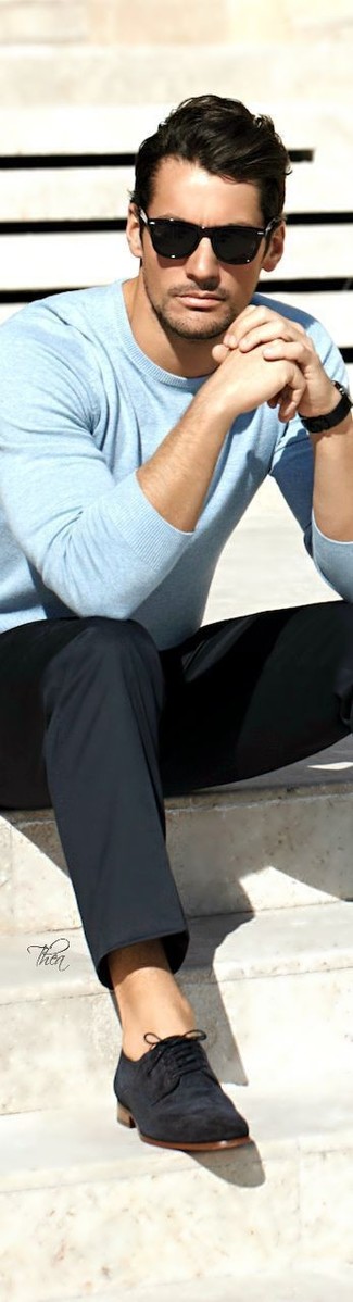 David Gandy wearing Black Sunglasses, Black Suede Derby Shoes, Black Dress Pants, Light Blue Crew-neck Sweater