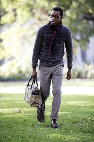 Grey Fair Isle Crew-neck Sweater Outfits For Men: 