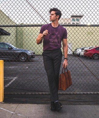Men's Brown Leather Briefcase, Black Leather Derby Shoes, Black Dress Pants, Purple Print Crew-neck T-shirt