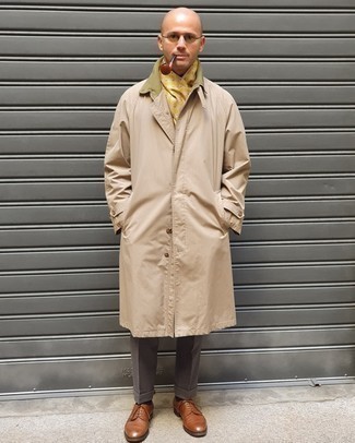Men's Yellow Print Scarf, Brown Leather Derby Shoes, Charcoal Dress Pants, Beige Raincoat