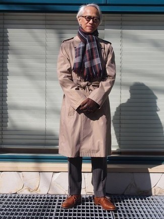 Men's Navy Plaid Scarf, Brown Leather Derby Shoes, Charcoal Vertical Striped Dress Pants, Tan Trenchcoat