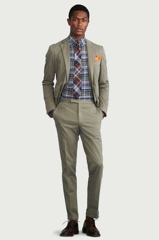 Multi colored Check Dress Shirt Outfits For Men: 