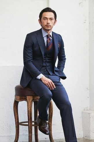 Red and Navy Horizontal Striped Tie Outfits For Men: 
