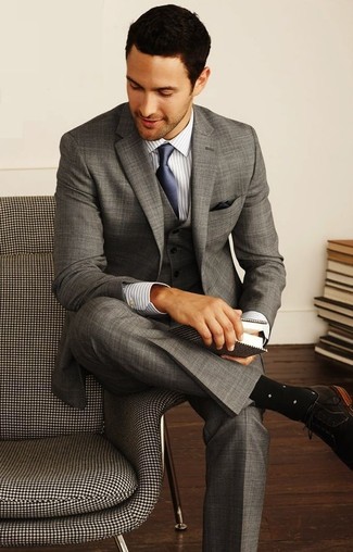 Grey Vertical Striped Dress Shirt Outfits For Men: 
