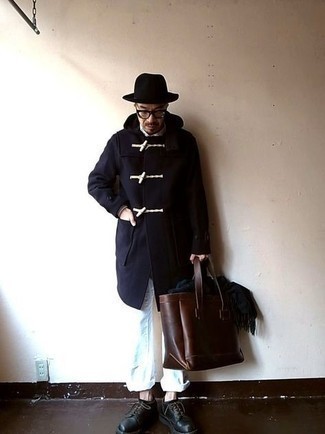 Men's Dark Brown Leather Tote Bag, Black Chunky Leather Derby Shoes, White Ripped Jeans, Navy Duffle Coat