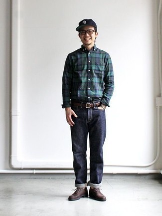 Men's Black Baseball Cap, Dark Brown Leather Derby Shoes, Navy Jeans, Navy and Green Plaid Long Sleeve Shirt