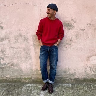 Men's Navy Beanie, Burgundy Leather Derby Shoes, Navy Jeans, Red Long Sleeve T-Shirt