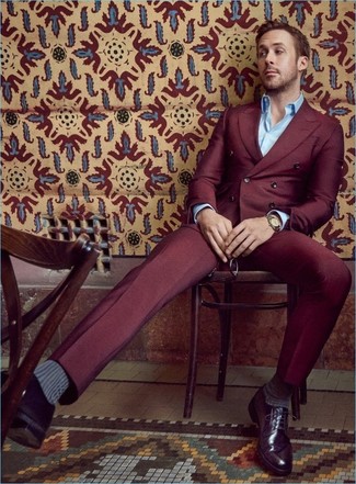 Ryan Gosling wearing Gold Watch, Dark Purple Leather Derby Shoes, Light Blue Long Sleeve Shirt, Burgundy Suit