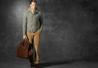 Men's Brown Leather Briefcase, Brown Leather Desert Boots, Khaki Chinos, Grey Double Breasted Cardigan