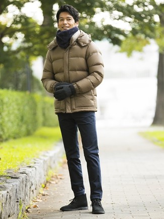 Men's Charcoal Scarf, Black Suede Desert Boots, Navy Chinos, Olive Puffer Jacket