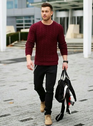 Men's Black Quilted Canvas Holdall, Tan Suede Desert Boots, Black Ripped Jeans, Burgundy Cable Sweater