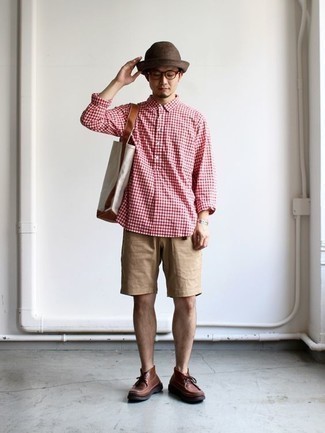 Men's White Canvas Tote Bag, Dark Brown Leather Desert Boots, Tan Shorts, Red and White Gingham Long Sleeve Shirt