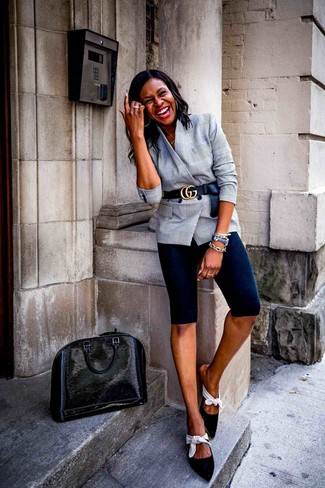 Grey Plaid Double Breasted Blazer Outfits For Women: If you'd like take your casual style game to a new level, try pairing a grey plaid double breasted blazer with black bike shorts. If you feel like playing it up a bit, complete this look with a pair of black and white suede mules.