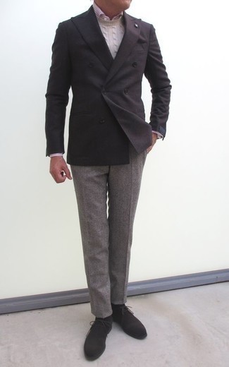 Charcoal Suede Desert Boots Outfits: Rock a charcoal double breasted blazer with grey dress pants to ooze elegance and refinement. If you want to instantly dial down this look with a pair of shoes, introduce charcoal suede desert boots to the equation.