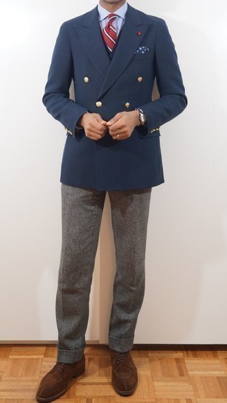 Men's Navy Double Breasted Blazer, Navy Cardigan, Light Blue Dress Shirt, Grey Wool Dress Pants